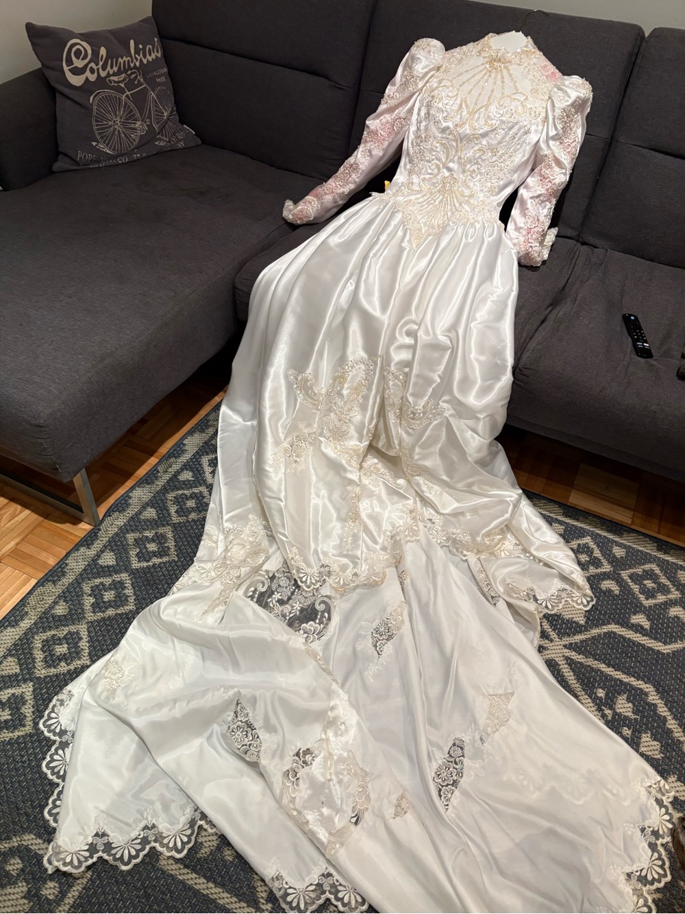 Ivory Satin Bridal Gown with Lace Appliqué vintage